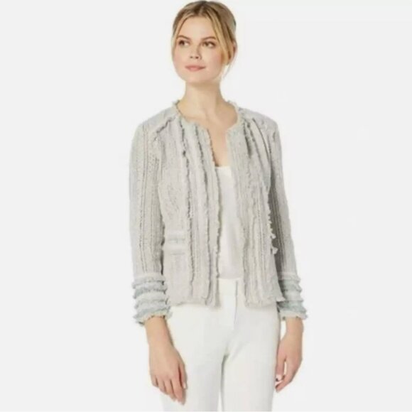 NIC + ZOE 1X Gray Sage Fringe Trim Elegant Chic Designer Knit Blazer Jacket Plus - Picture 1 of 7